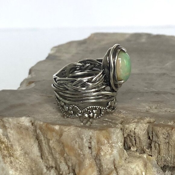 Sterling Silver 925 PZ Modernist Israel Opal Teardrop Wide Band Ring Sz 5.75 - Picture 4 of 16